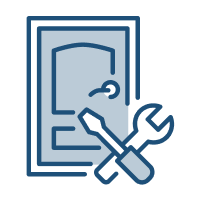 Faulty door repairs service icon: door, screwdriver, and wrench symbol. Professional door repair services.