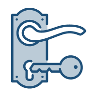 Window lock repairs service. Blue icon of a door handle and key.